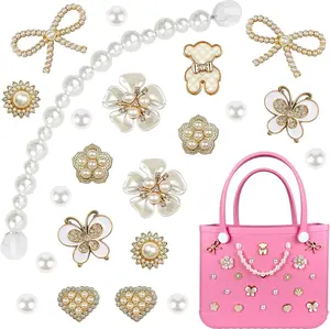Decorative Flowers Pearls Chain Set for Bogg Bag | Bling Rubber Tote Accessories for Women Girls Beach Totes Decoration