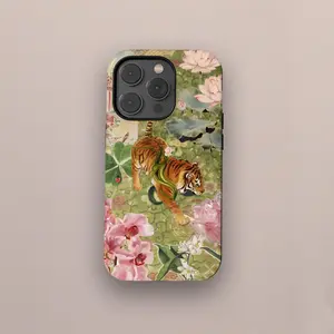 Vintage Tiger Lotus Phone Case, Aesthetic Chinoiserie Collage Cover, Retro Floral Jungle Case, iPhone 17 16 15 14 13 12 Pro Max, Samsung S25