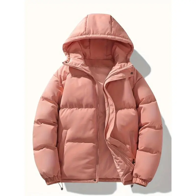 Unisex Hooded Puffer Jacket, Polyester Fiber Filled, Non-Stretch Solid Color, Long Sleeve, Regular Fit, with Drawstring, Zipper Placket, for Daily Caasual Wear, Spring/Autumn/Winter Coat,