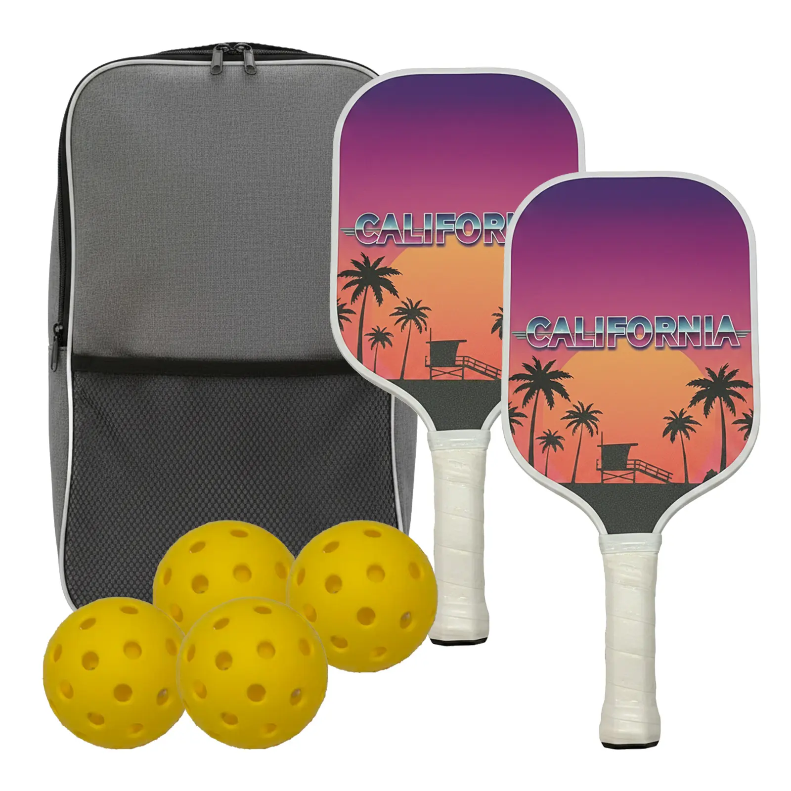 Pickleball Set of 2, California Sunset Retro Pickleball Paddles with 4 Outdoor Pickleball Balls and 1 Carrying Case, Lightweight Pickleball Rackets Kit for Adults Beginners Pros, Beach Summer Sport Gift