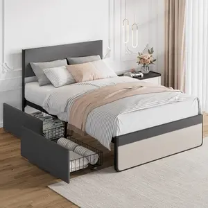 【GARVEE】Full Size Upholstered Bed Frame with 2 Storage Drawers, Steel Slats, Linen Fabric, Noise-Free, Ideal for Small Rooms