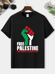 Crew Neck Short Sleeve Fitted Minimalist Casual Style Summer Top FREE PALESTINE END ISRAELI OCCUPATION Fist