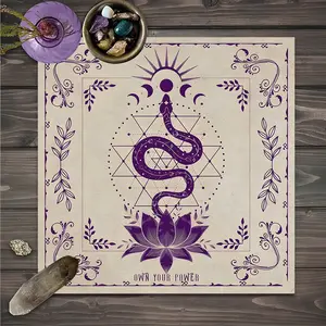 Mystical Purple Snake Lotus Design Square Tarot Tablecloth, Retro home decor Altar Cloth Multiple Sizes Polyester Fabric, Easy to Clean and Maintain Decorative Divination Cloth for Spreads & Rituals Gift for family and friends