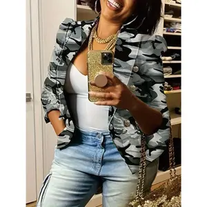 Plus Size Casual Blazer, Women's Plus Size Camouflage Long Sleeve Double-Breasted Lapel Slim Blazer
