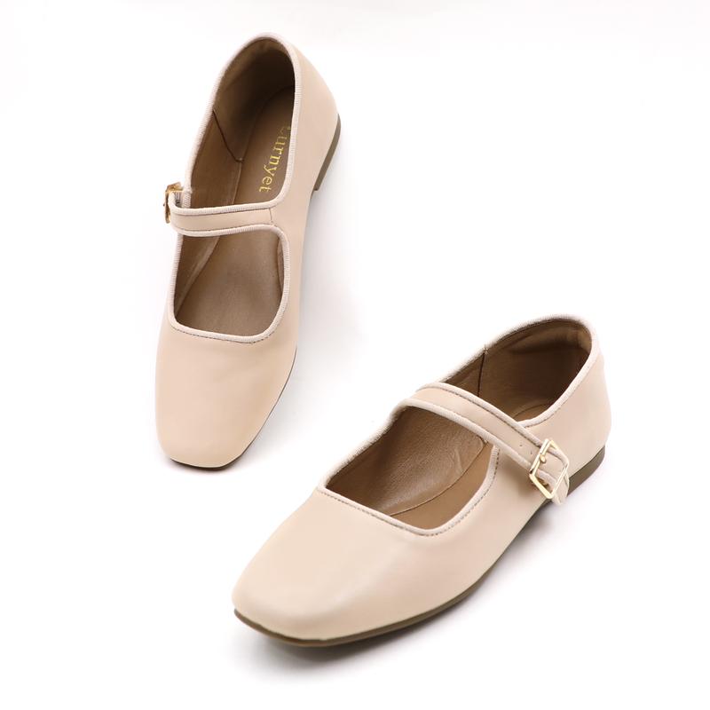 Women's Leather Mary Jane Ballet Flats Comfortable Slip-on Square Toe Soft Work Flats Classic Retro Footwear Flat Shoes for Daily Wear DB