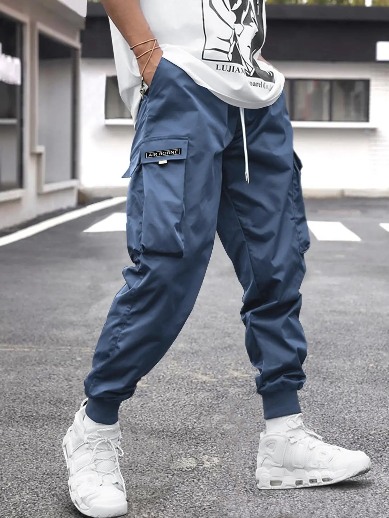 Trousers Cropped Cargo Joggers Men's Flap Pocket Drawstring Cargo