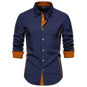 Casual Color Block Men's Long Sleeve Button Up Shirt, Men's Spring And Autumn Mature Blouse