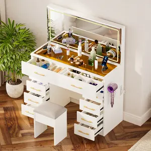 46"Glass Top Vanity Desk with 10 Drawers Makeup Vanity with Mirror and Stool,3 Lighting Modes Dressing Table,Power Outlet, Silent Slides, White Big Vanity for Bedroom vanity  elegant  ey  bonito