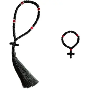 2 count Black Chotki 33 Knot Christian Orthodox Prayer Rope with 50 Knot, Handmade Blue Beads Greek Omboskoini Prayer Rope,Protection Blessing Cross Charm Tassel  Hanging  (Black&Red)