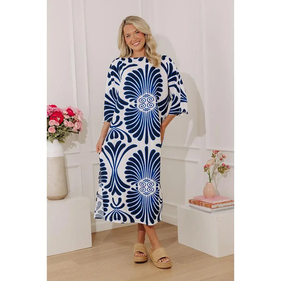Amalfi Views Caftan Midi Dress in Navy