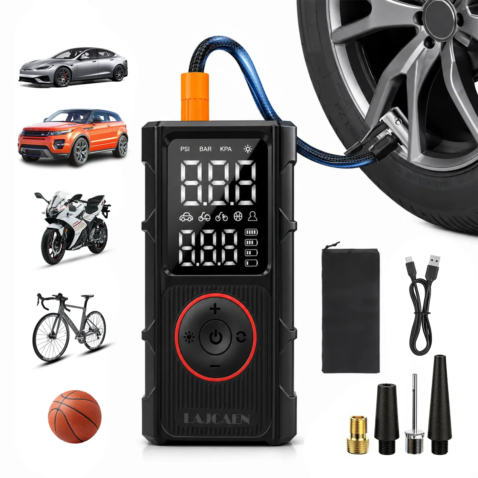 Portable Electric Tire Inflator Car Tool, Fast Inflation Compressor with Digital Pressure Gauge, Auto Shutoff, Dual Display, 5 Inflation Modes, 3-Mode LED Flashlight for Motorcycles, Bikes, Balls – Cars Accessories for Outdoor Travel, Car Tools