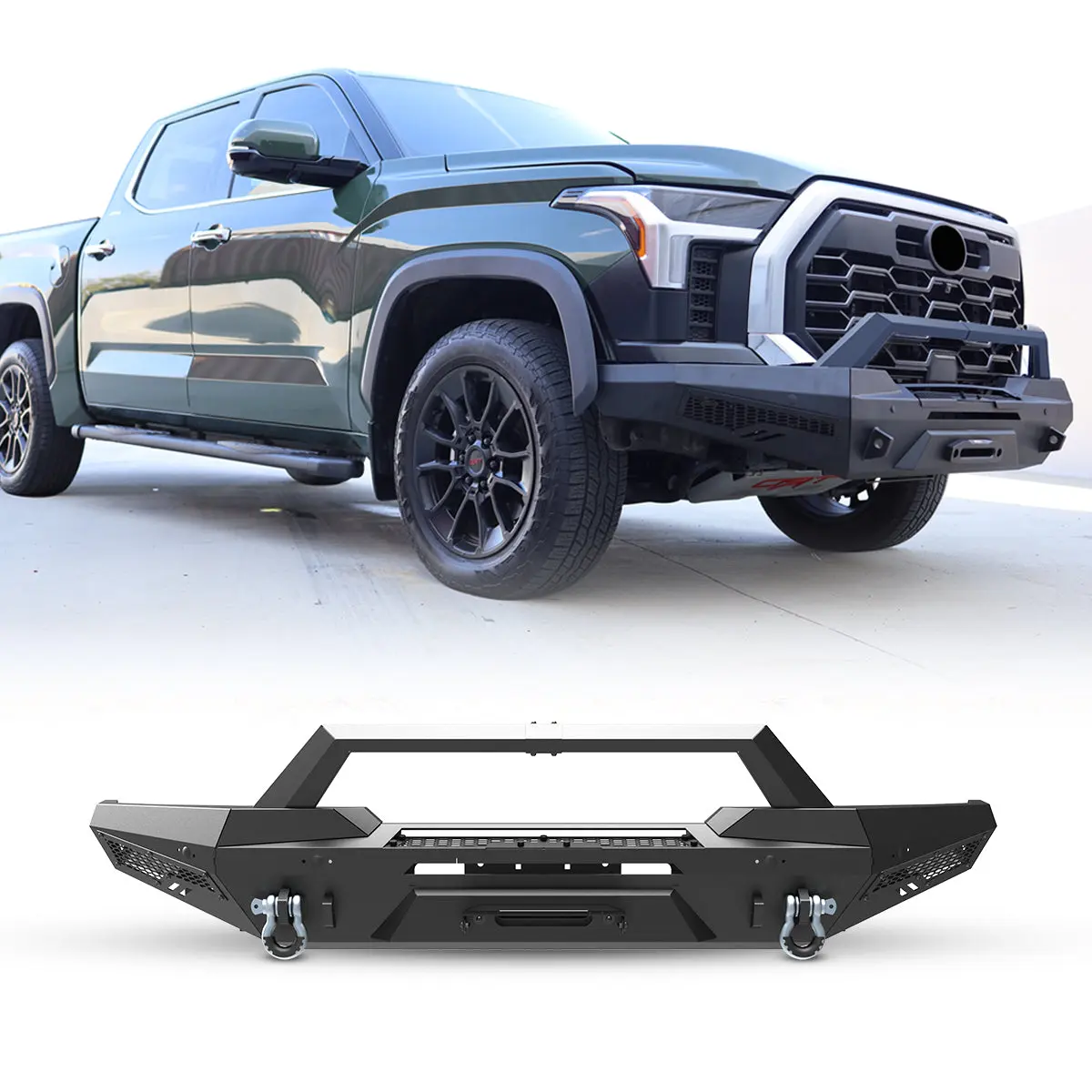 WOLFSTORM Front Bumper for Toyota Tundra 2022-2026, 4-Piece Auto Replacement Part with 1x Bull Bar, 1x Winch Plate, 2x Side Wings, LED Lights