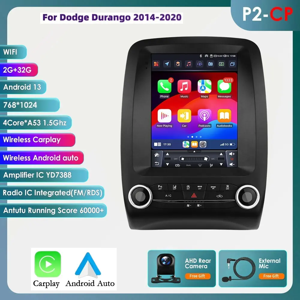 9.7" 2 Din Android 14 Car Multimedia Player with Car Audio, GPS Navigation, Carplay & Android Auto for Dodge Durango 2014-2020