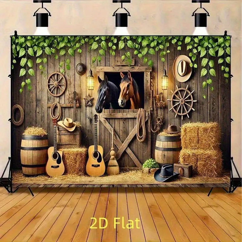 Flat Print Polyester Party Banner - Rustic Barn Backdrop with Lettering, Farmhouse Home Decor, Horses & Musical Instruments Design, Indoor/Outdoor Party Wall Decor, Single Piece Festive Supply