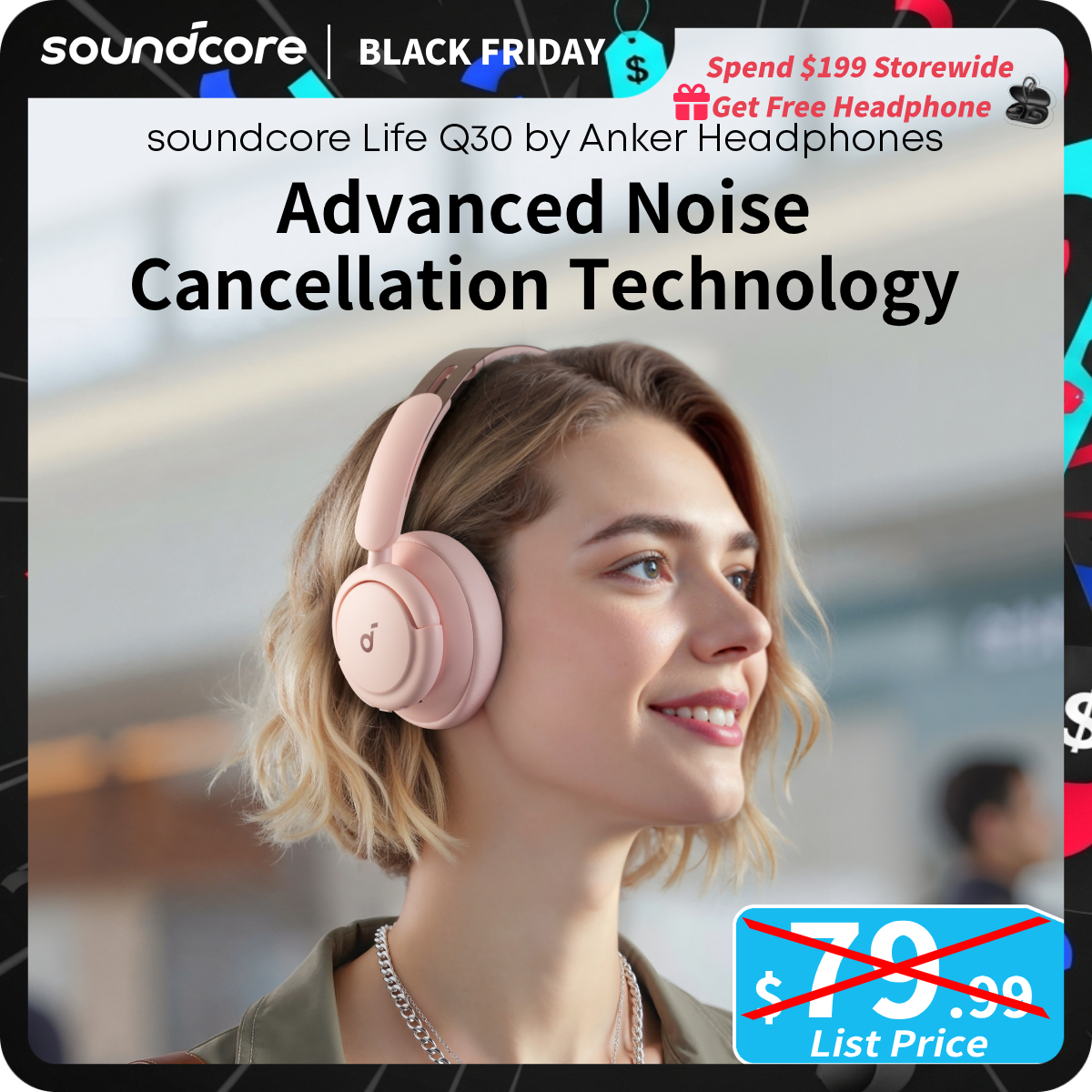 [TikTokShopBlackFriday] soundcore Life Q30 by Anker, Hybrid Active Noise Cancelling Headphones with Multiple Modes, Hi-Res Sound, Custom EQ via App, 5