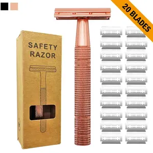 Double Edge Safety Razor Set, 1 Count Reusable Metal Face Razor with 20pcs Blades, Sustainable Safety Shaving Razor for Men, Shaver Razors