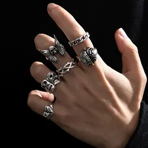 FASHION - 6Pcs Punk Poker Joker Silver Color Rings for Men Goth Skeleton Billiards Set Couple Emo Fashion Jewelry Anillos Hombre