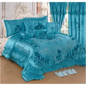 Wedding Set - Pink and White Bedding with Floral Design and Ruffled Edges