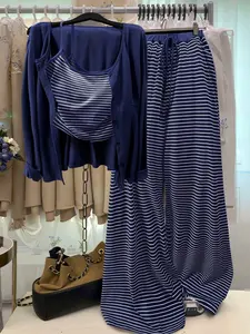 Plus Size Striped Layered Three-Piece Set, Long Sleeve Cardigan, Tank Top, High Waist Wide Leg Pants, Comfort Casual Home Wear/outdoor, Womenswear Clothes