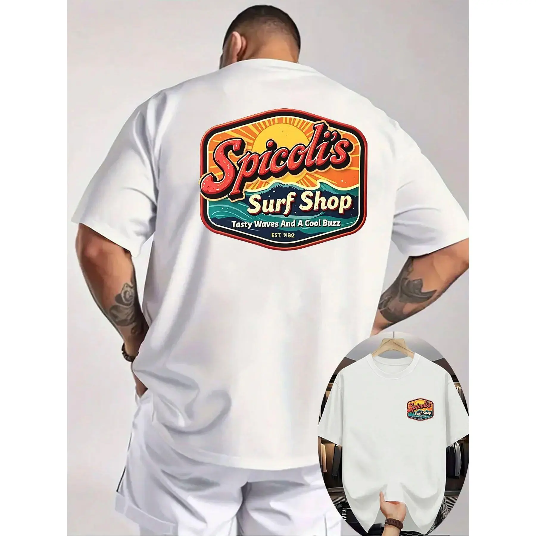 Retro T-Shirt from Spicoli'S Surf Shop Featuring a Vibrant Logo, Sunburst, And Wave Graphics, with The Phrase 'Tasty Waves And A Cool Buzz Since 1988'. This White Shirt Is Designed for Men As Casual Beach Surfwear