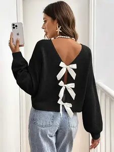 Fashion Elegant Women's Back Bow Sweater, Stylish Knitted Pullover for Casual Wear, Perfect for Fall & Winter