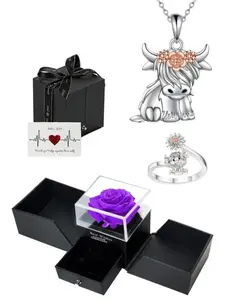 Highland Cow Elegant Fashionable Jewelry Set with Eternal Rose Box, Silver Color Pendant Necklace, Adjustable Ring, Cute Animal Gift for Mom, Girlfriend, Wife