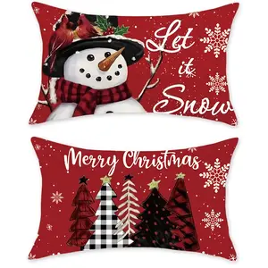 2pcs, Red & Black Checkered Snowman & Tree Christmas Decorative Throw Pillowcases, Contemporary Winter Home Decor for Sofa, Bed and Chair, Single Sided Printing, No Pillow Core