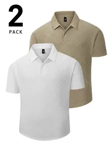 Men's Solid Jacquard Knit Polo Shirt,Regular Fit Casual Short Sleeve Collared Top for Summer, National Day Clothing, Fashion Men's Clothes for Daily Wear