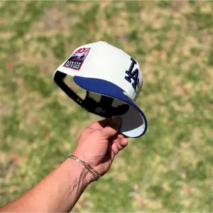 New Era LA Dodgers Adjustable Cap – White & Royal Blue Curved Brim Hat with Dodger Stadium Anniversary Side Patch
