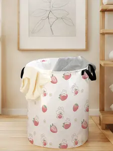 Durable Laundry Basket with Handles, Rabbit & Strawberry Print Design, Foldable Large Capacity Storage Bin for Clothes & Toys