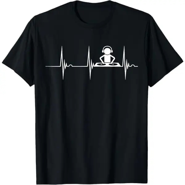 DJ Heartbeat T-Shirt - EKG Pulse Music Tee - Techno Dance Shirt Funny t-shirt Men's crew neck casual T-shirt  Men's 100% cotton Heat Transfer 180g T-shirt,Perfect for casual outings, parties and casual wear, funny t-shirts