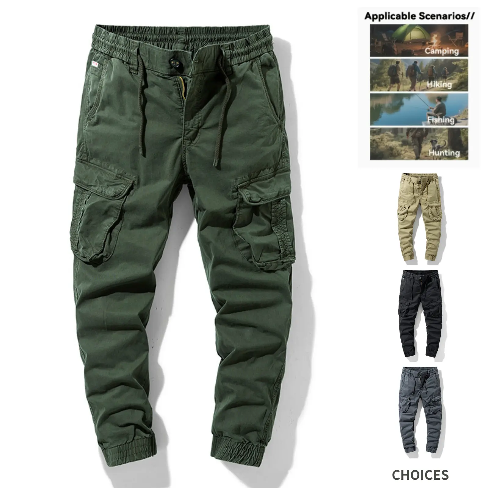 Men's Casual Cargo Pants - Cotton Blend Adjustable Drawstring Mid Waist Plain Look Casual Athletic Trousers with Flap Pockets, Washed Finish (Menswear Men's Bottoms), Adjustable Drawstring Pants