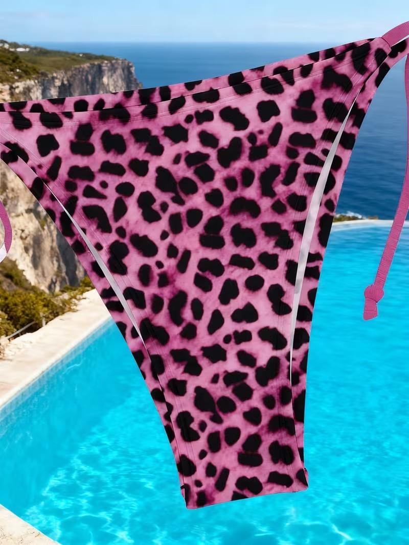 Pink Leopard Print Halter Bikini Set Sexy Side Strap Swimsuit Spicy Style Beach Vacation Women'S Split Swimsuit