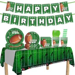 American football themed birthday party scene layout atmosphere flag pulling disposable tissue paper cup paper plate