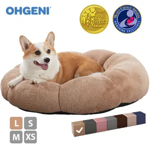 OhGeni 31 inches Calming Donut Dog & Cat Bed for Medium Pets, Warming Comfort Fluffy Short Pile Fur, Durable Waterproof Machine Washable Removable Cover, Cute Round Bed for Puppy
