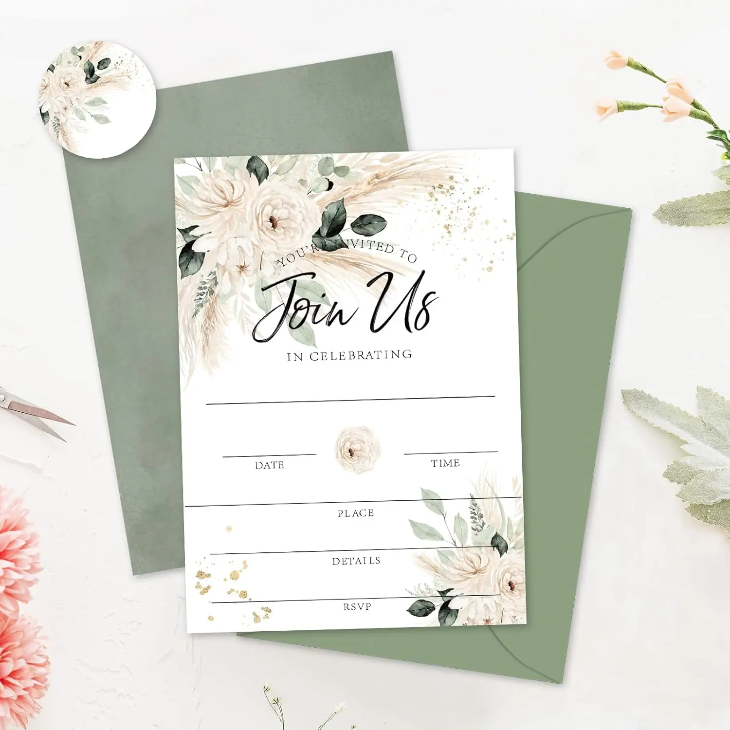 25 Sets Elegant Watercolor Floral Invitation Cards with Envelopes & Stickers, 5x7 Inch Fill-in Blank Invites for Wedding & Bridal Shower