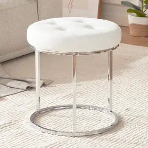 DUHOME Faux Leather Ottoman Stool, Vanity Chair Button Tufted Footrest Stool Makeup Stool with Metal Base for Living Room Bedroom, White