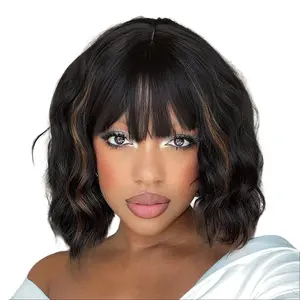 AISI HAIR Wavy Bob Wigs with Bangs for Women Short Wavy Bob Curly Wig Synthetic Natural Looking Heat Resistant Fiber Wig Realistic Illusion Hairline
