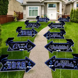 10 Pack 2026 Graduation Party This Way Yard Sign Arrow 16.5 x 8 Inch Black Blue Double Sided Printed Directional Yard Sign with Stakes Graduate Party Sign for Outdoor Graduation Party