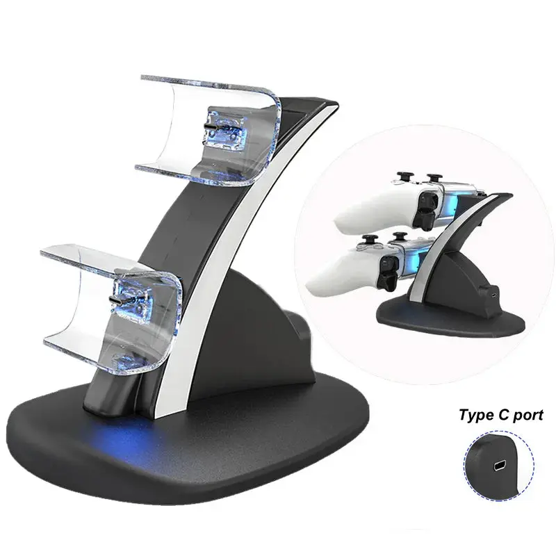 PowerUp Dual Charging Dock Stand for PS5 Controllers - Plastic Gaming Accessory for Gamers, USB Type-C Port, Compact Modern Design, LED Light, Fast Charging, Multi-Console Compatibility