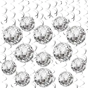 54PCS Disco Party Decorations – Silver Disco Ball Hanging Swirls for 70s Party, Hippie Birthday, Ceiling Décor