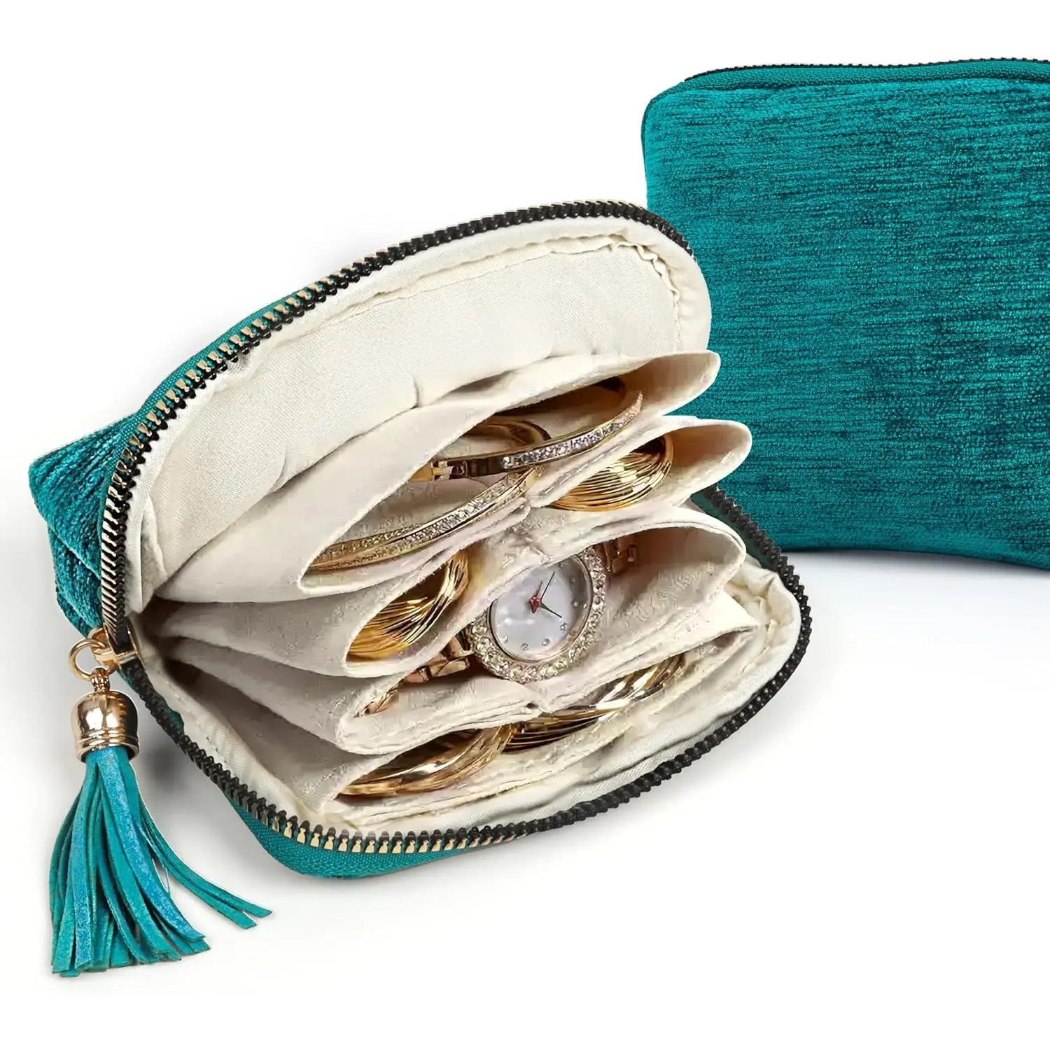 Travel Jewelry Organizer Case - Modern Square 5-Layer Velvet Zipper Pouch for Bangles, Link Bracelets, Travel Accessories, Tangle-Free, Scratch-Resistant Home Organizer Storage Bag