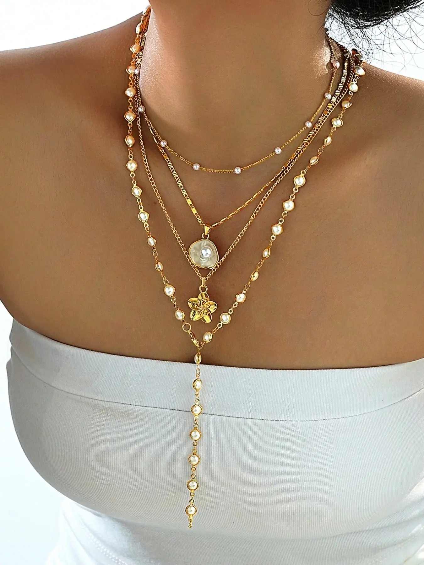 Boho Shell Flower & Faux Pearl Y Necklace Set for Women, Summer Style Fashion Jewelry, Minimalist Layered Design, Multilayer Necklace, Dainty Boho Necklace, Perfect for Beach Vacations & Parties