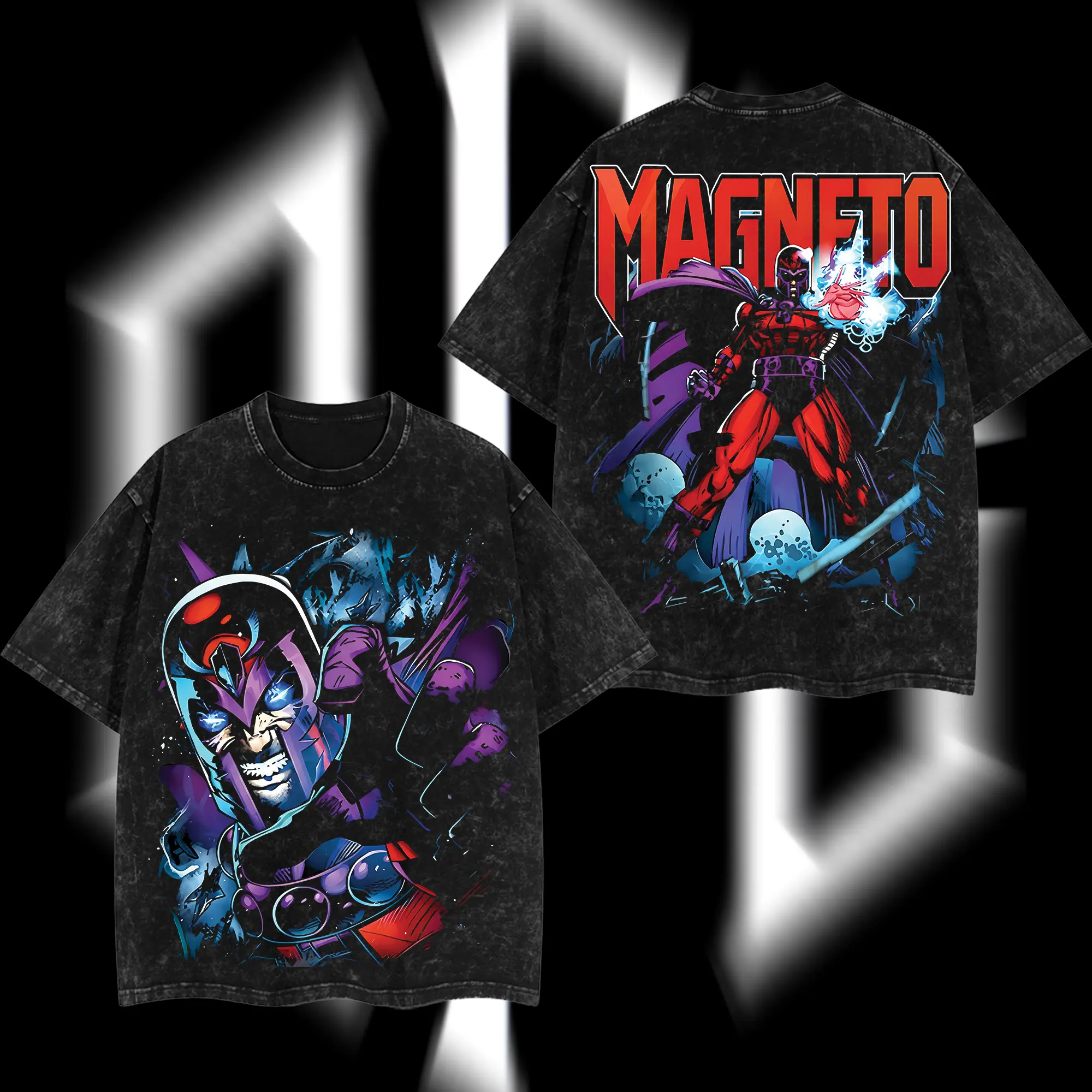 SuperStyle Magneto "Master of Magnetism" MCU Edition Oversize Lightweight Acid Washed Cotton T-Shirt, Double-Printed Vintage Graphic Tees, Classic Round Neck Soft Apparel for Men's Streetwear