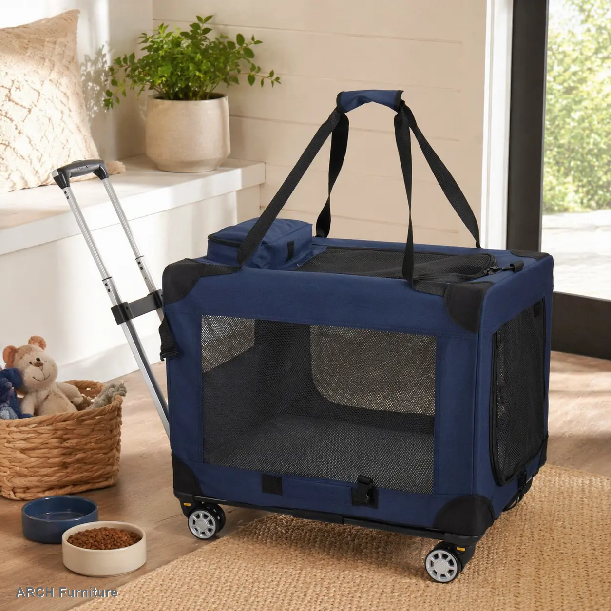 2-in-1 Collapsible Travel Dog Crate, 28x20x20in Rolling Pet Carrier with Wheels, Zippered 3-Door Folding Kennel with Metal Frame & Mesh Windows, 11.13lbs, Holds Up to 50lbs, Dark Blue for Medium-Large Dogs (Indoor/Outdoor Use), Zipper