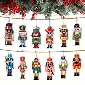 12 Pc Christmas Nutcracker Wooden Hanging Ornaments 12 Unique yet Cohesive Designs, Vibrant Colored & Exquisitely Patterned Wood Like Hanging Decorations, Suitable for Christmas Trees, Wall Decor and Gift Tag Accessories