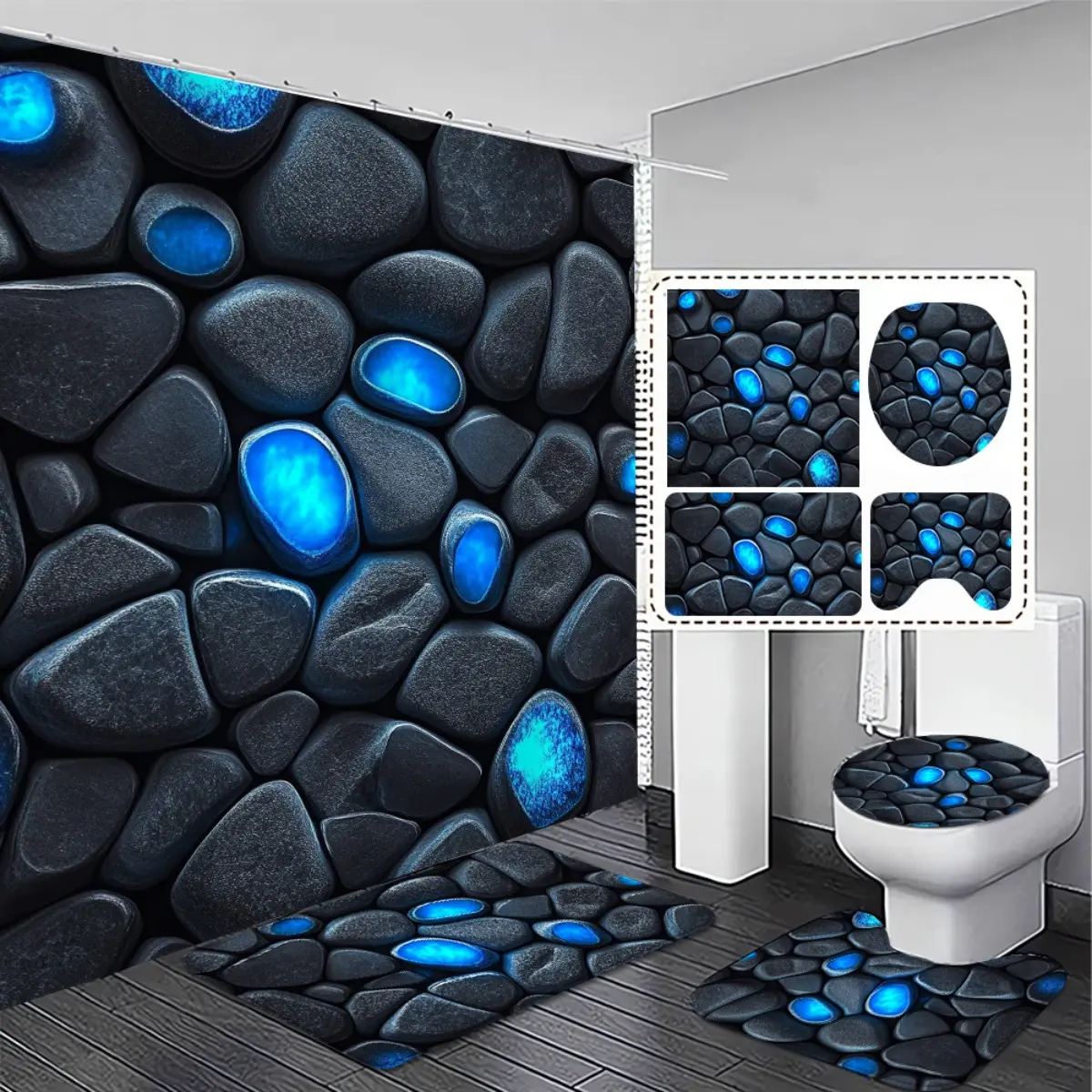 4pcs Bathroom Decoration Set, Blue Glow Stone 2D FLAT Shower Curtain Set with Non-Slip Bath Mats and Toilet Lid Cover. Paired with 12 C-shaped Hooks. Exquisite and Practical Home Decoration Gift., 2D Flat