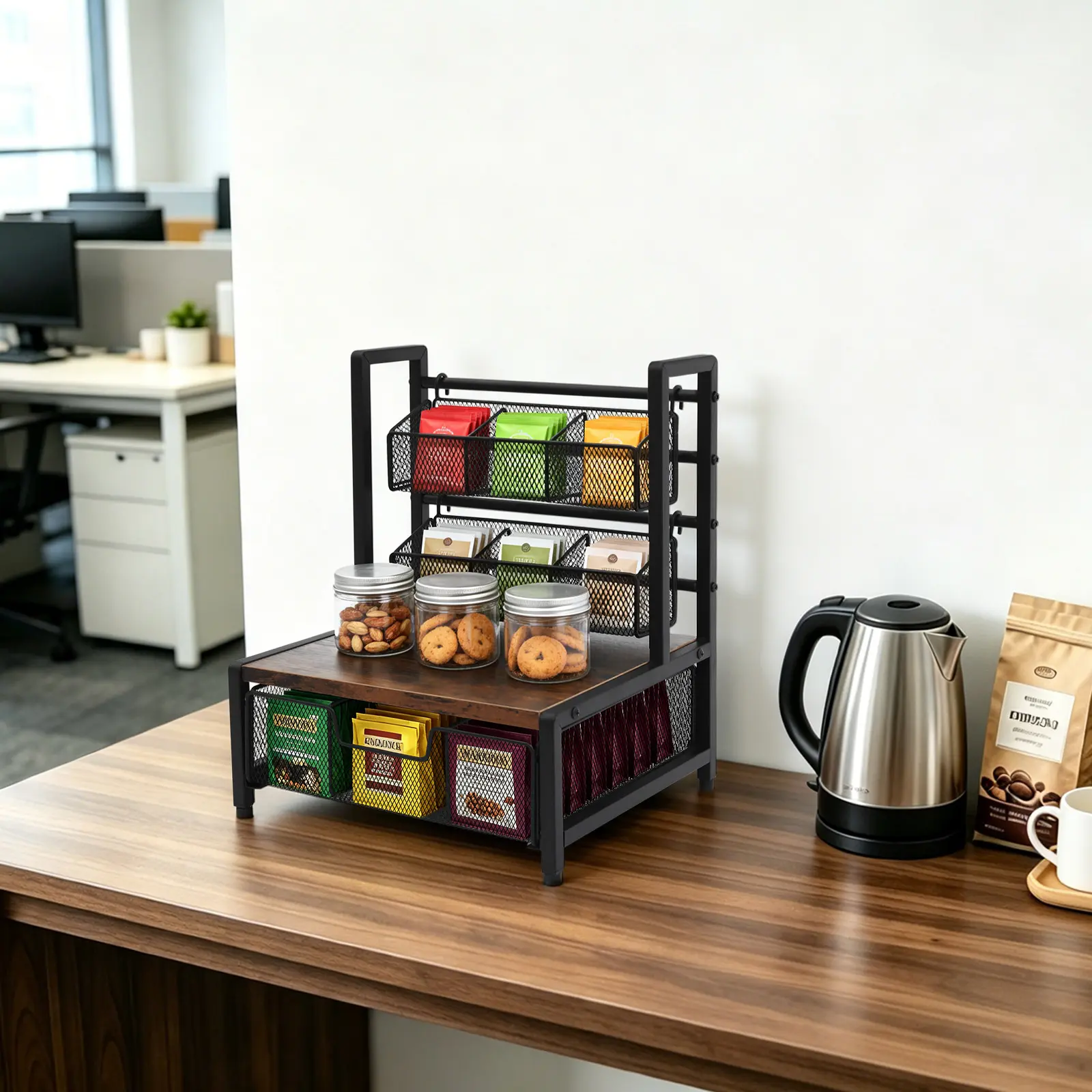 CNCEST Tea Bag Organizer with 2 Wire Baskets & Bottom Drawer, Rustic Industrial Countertop Storage – 3-Tier Tea & Coffee Pod Holder for Kitchen, Office & Pantry