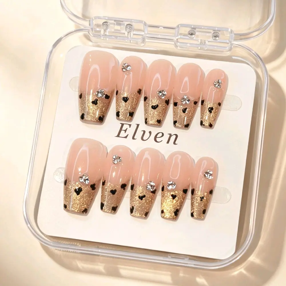 Handmade Nude Gold Glitter Tip Cat Eye Press On Nails - Black Heart Dots & Silver Rhinestone Accents, Medium Tapered Coffin Reusable Fake Nails, Cute Elegant Salon Quality