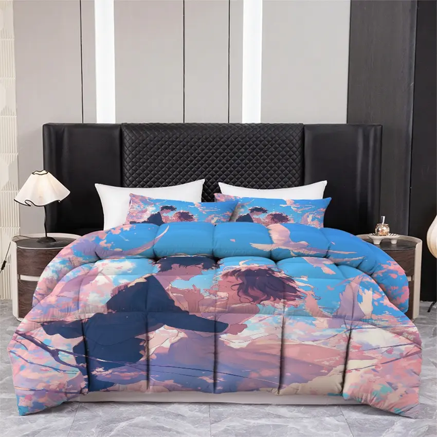 3pcs Printed quilt three-piece set (1 quiltr+2 pillowcases) - Anime Romantic Love Theme, Cherry Blossom & Birds Print, Soft Lightweight Comforter Set, All Season Bedding, Aesthetic Bedroom Decor, Dreamy Fantasy Bedspread